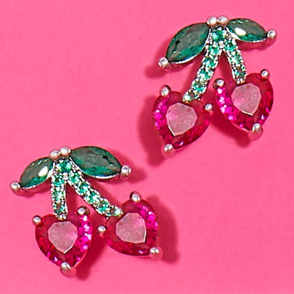Cherry Stud Earrings with Pink and Green Gemstone - Picture 6 of 6